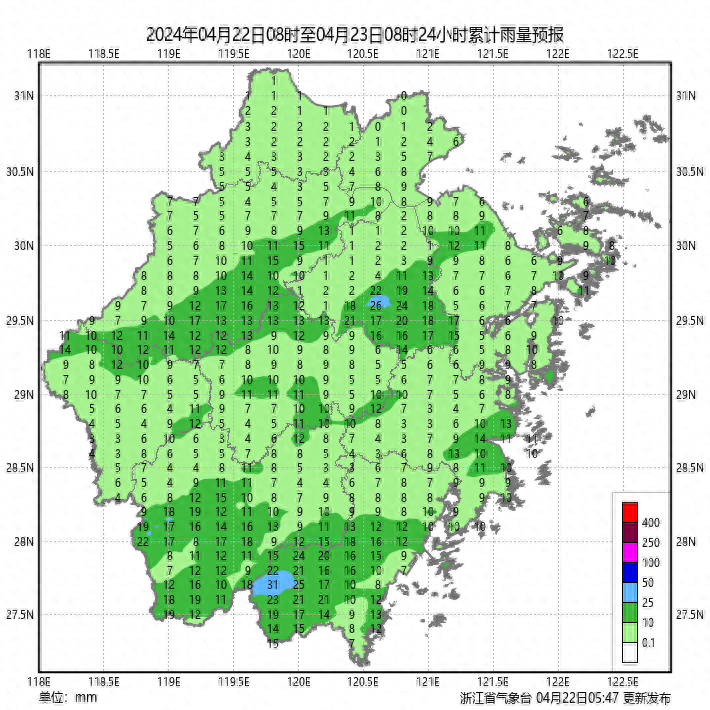 4月22日浙江天气预报提示，阴雨连绵席卷浙江，沿海强风预警升级