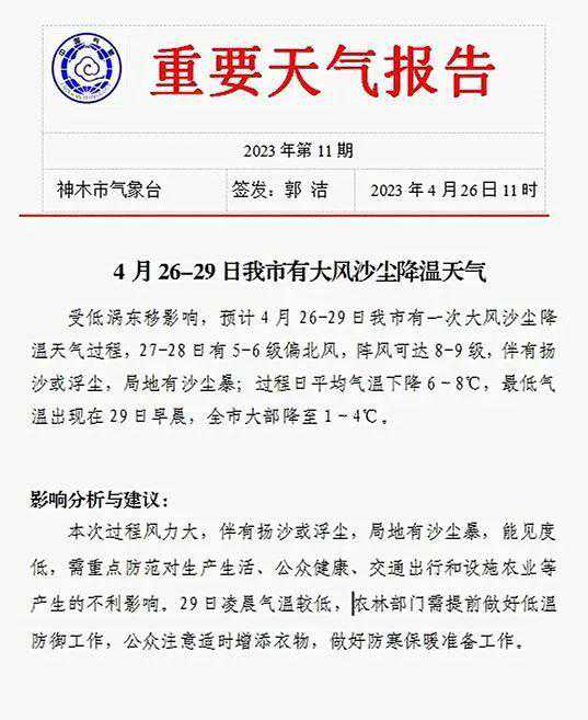 大风、沙尘、降温！神木市气象台发布重要天气报告