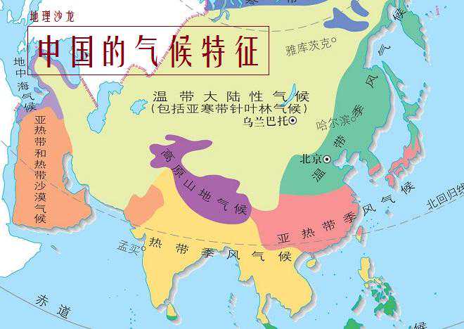 中国的气候：呈现气候复杂多样，大陆性季风气候显著的特征
