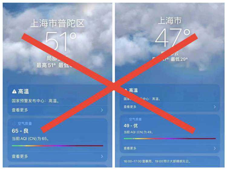 网传上海普陀区今日51℃？气象局：不是实际观测数据！普陀区今日局部最高42.4℃