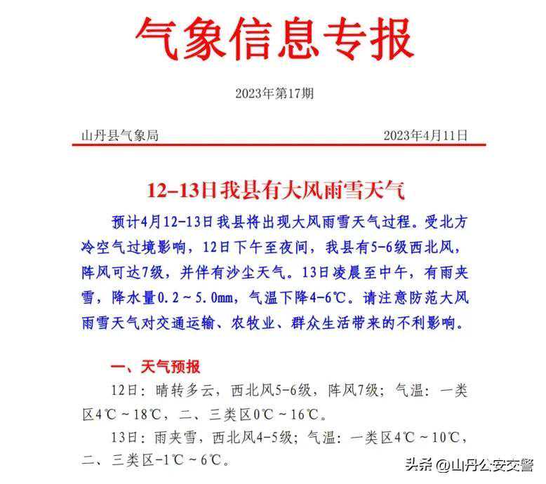 【两公布一提示】山丹县大风雨雪天气路况预警